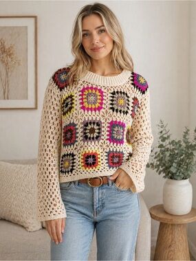 Debut | Crochet Granny Square Sweater | Boho Festival Open Knit | Medium